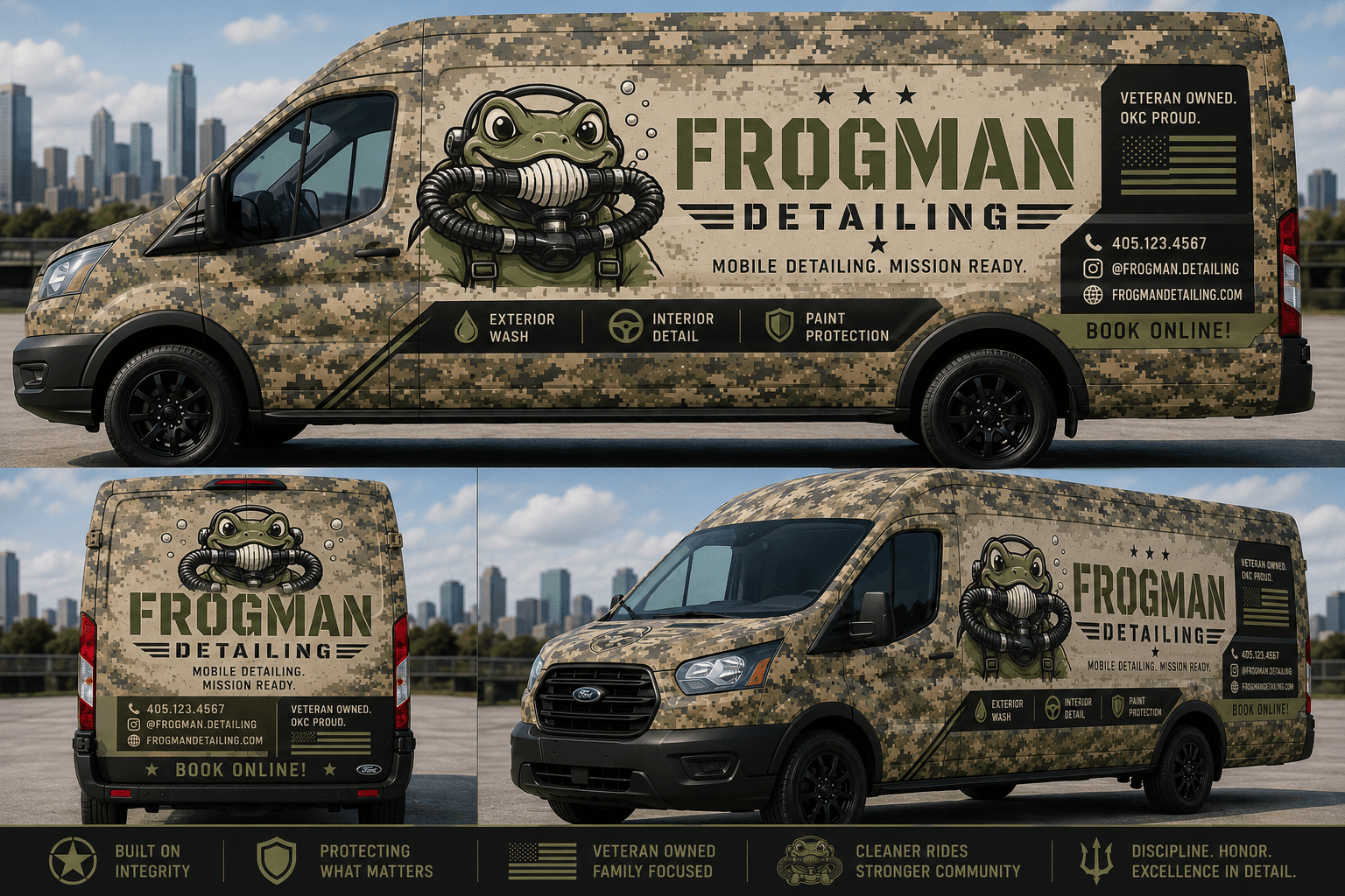 The Frogman Detailing van in a desert digital camo wrap with the frog diver logo