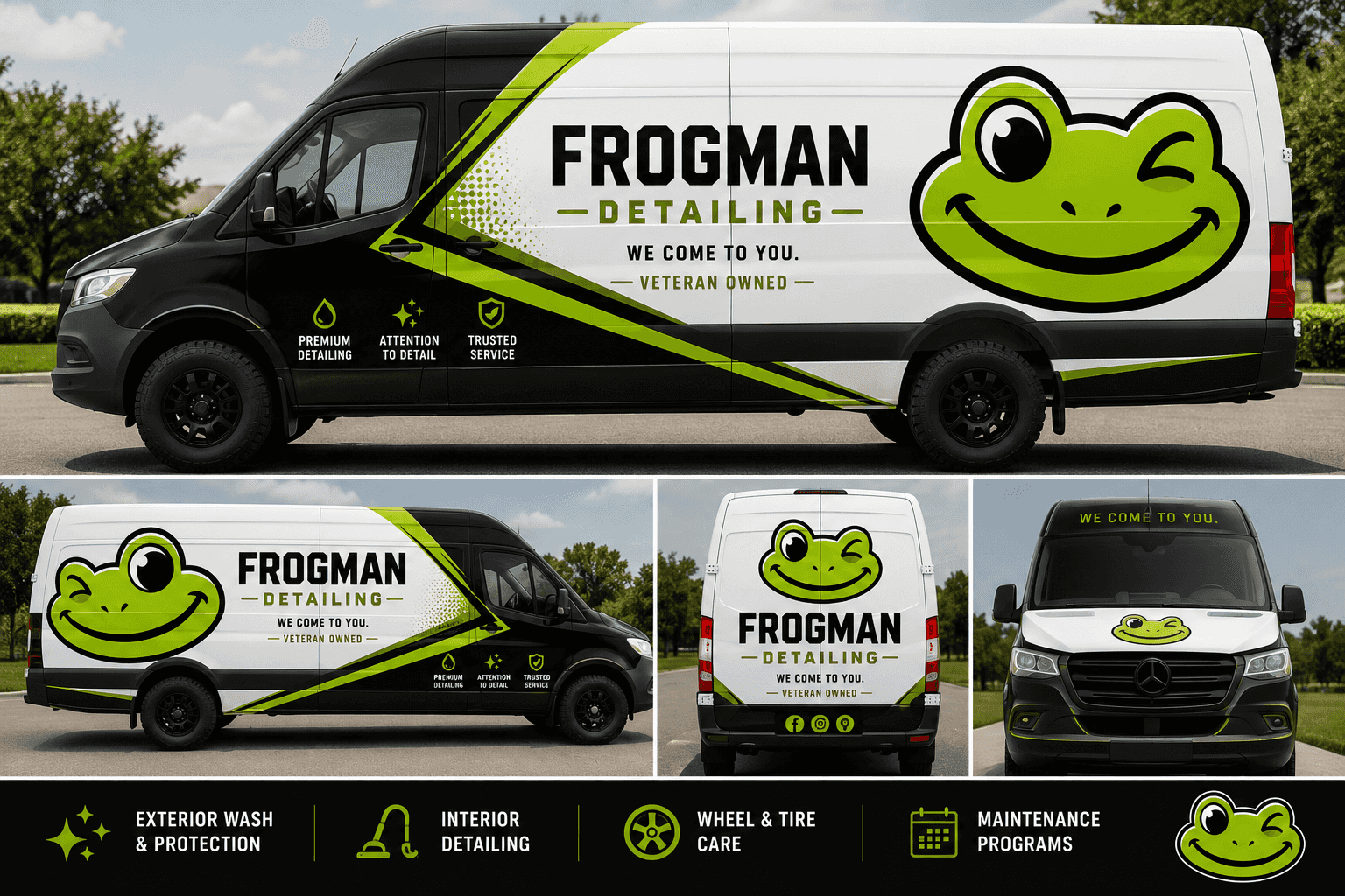 The Frogman Detailing van in a black and white wrap with the winking frog logo and chartreuse accents