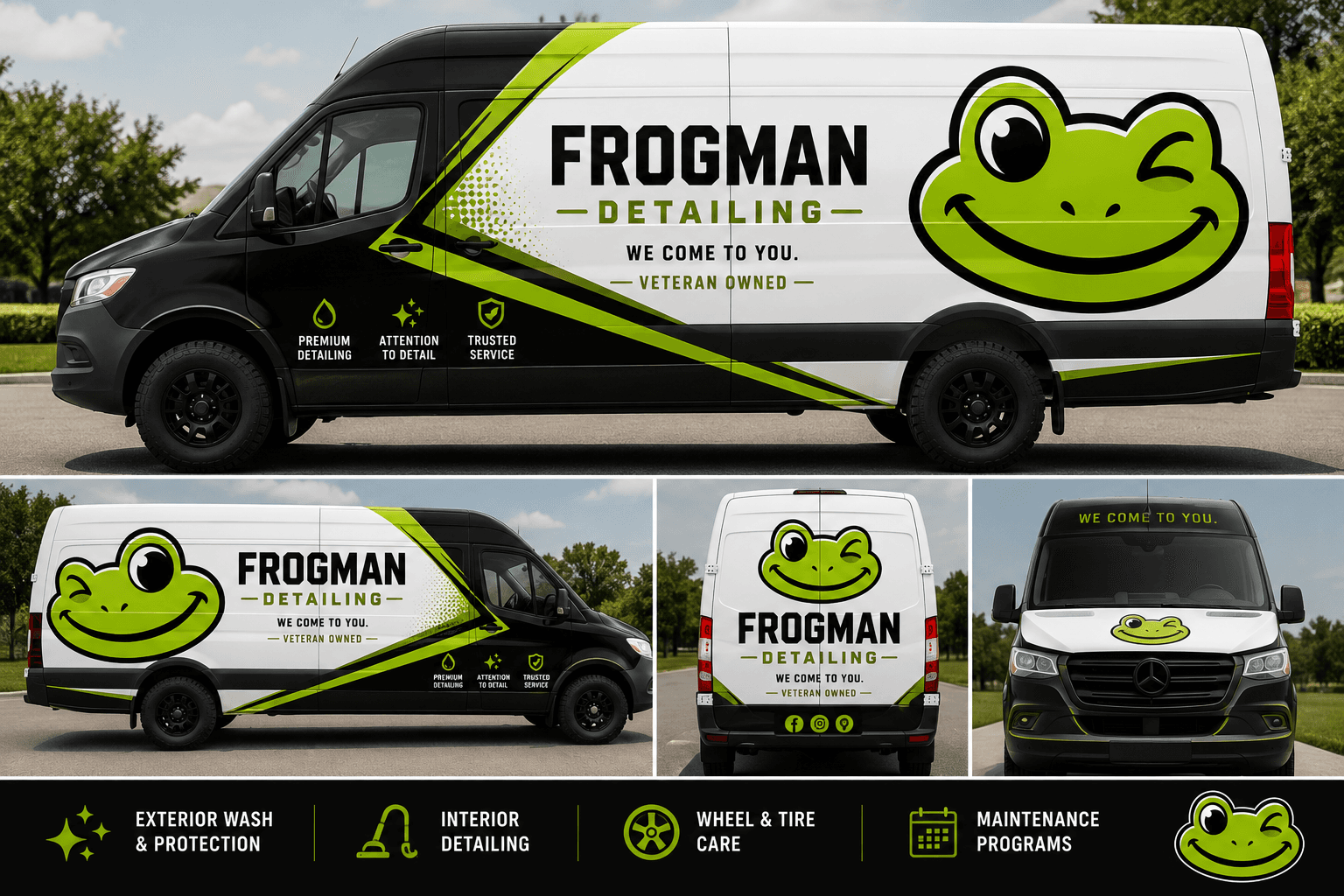 The Frogman Detailing van in a black and white wrap with the winking frog logo and chartreuse accents